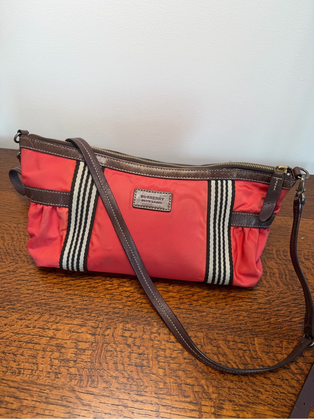 Burberry Blue Label Coral/Pink Nylon & Leather Striped Crossbody Bag Y2K Vintage